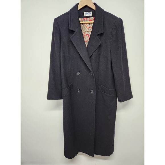 Vintage J.G. Hook 100% Merino Wool Double Breasted Long Black Coat, Approx Sz XL - Picture 1 of 12